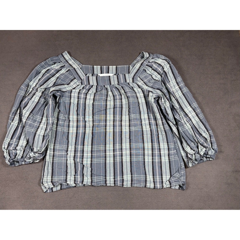 LC Lauren Conrad Blouse Womens XS Blue Plaid Square Neck 3/4 Puff Sleeve